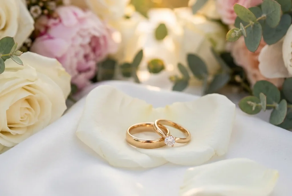 Gold wedding bands and a diamond engagement ring displayed on white rose petals at Café Hotel Medellín.