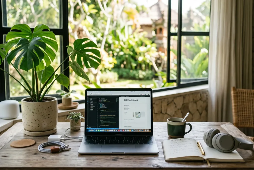 Laptop con código de programación, café y audífonos en escritorio de madera frente a ventana con plantas en Café Hotel Medellín.