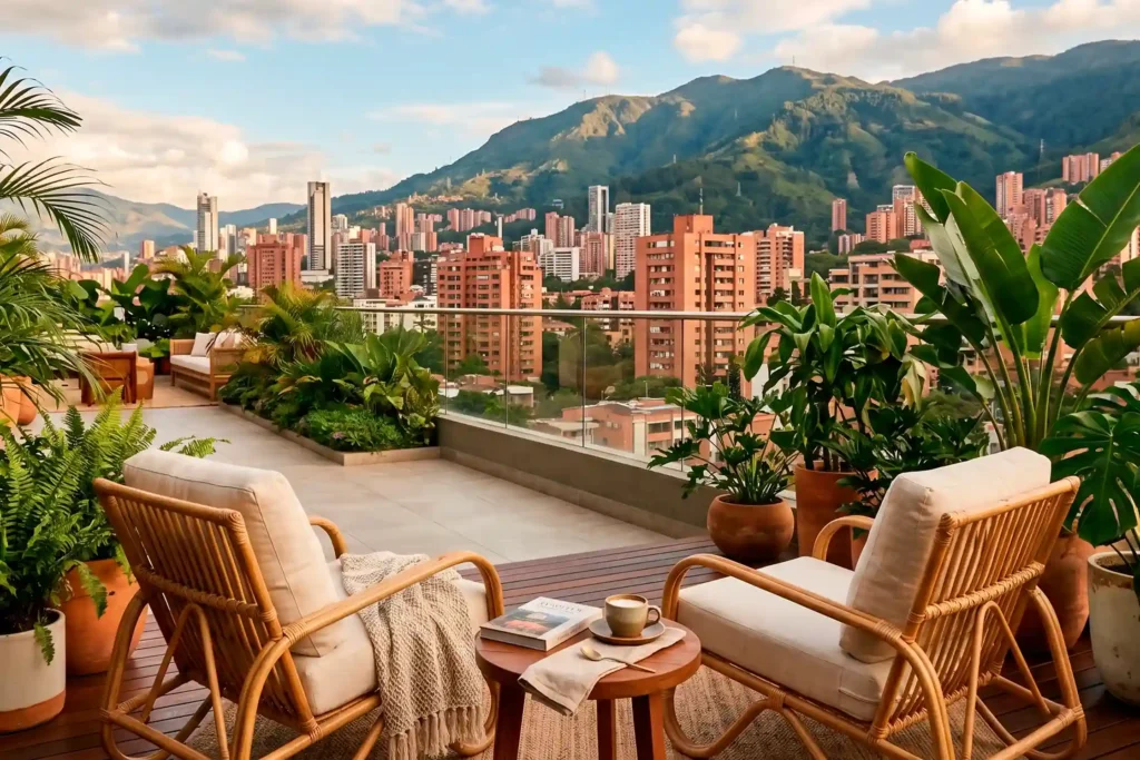 The Café Terrace at the Medellín Hotel, featuring wicker chairs, coffee, and books, offers a panoramic view of El Poblado and the mountains.
