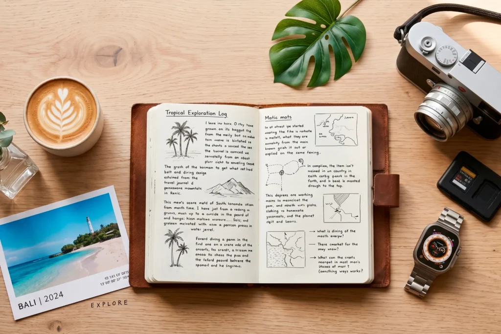 Planificación de slow travel Medellín: cuaderno de notas de exploración tropical con fotos de destinos y equipo fotográfico.