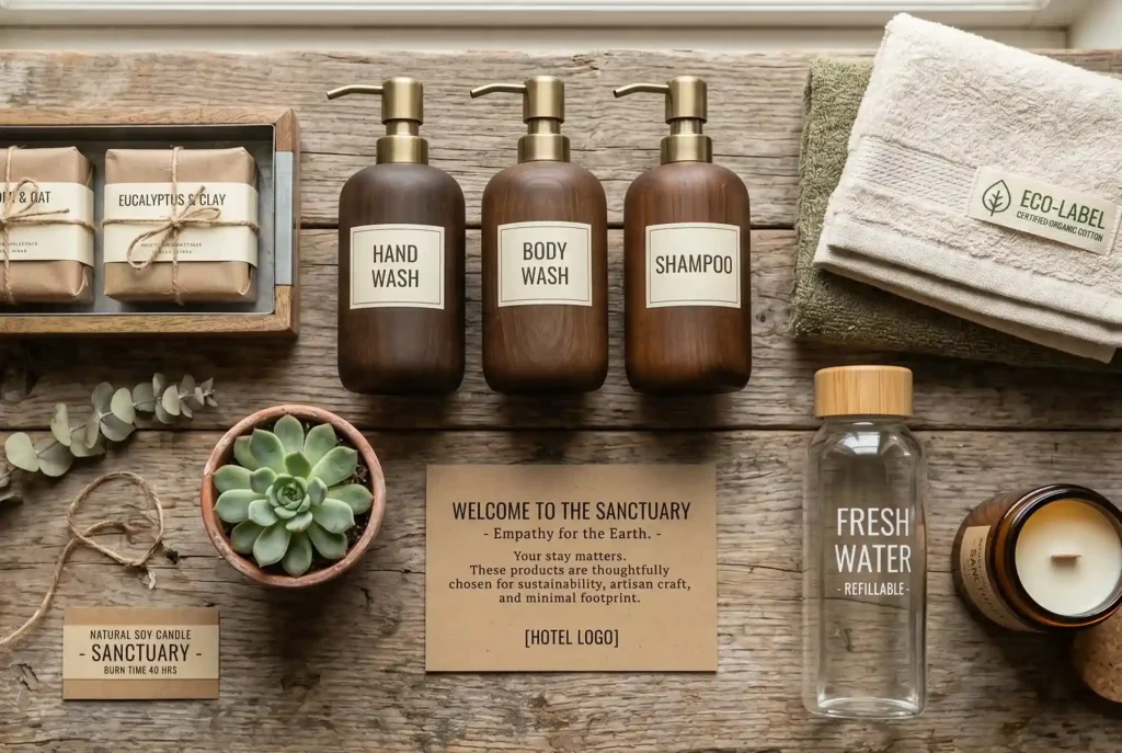 Eco-friendly bathroom amenities at Café Hotel Medellín: refillable dispensers, handmade soap, and organic cotton towels on rustic wooden stands.