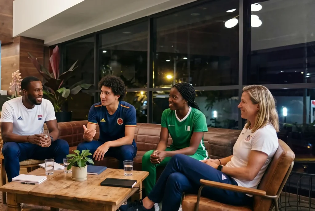 Atletas de diferentes países conversando en el lobby de Café Hotel Medellín, El Poblado.
