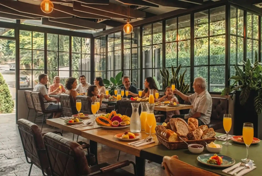 Brunch Día de la Madre Medellín en Cofy Club: familias disfrutando desayuno buffet en salón con ventanales y diseño moderno.