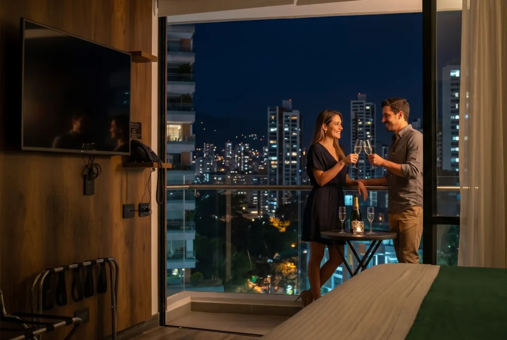 Pareja brindando con champán en balcón de Café Hotel Medellín con vista nocturna a El Poblado en mayo