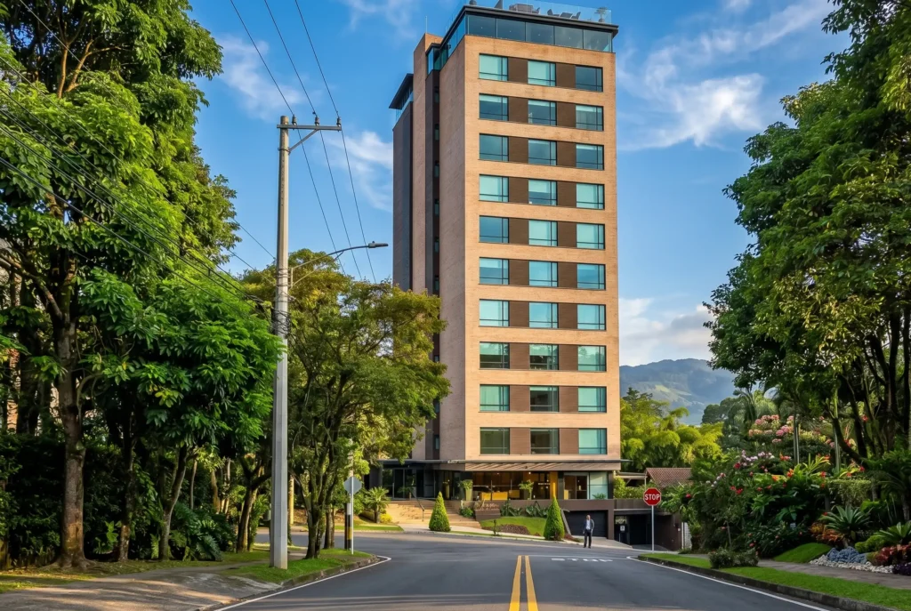 Fachada de Café Hotel Medellín en calle arbolada y tranquila de El Poblado, barrio residencial con cordillera al fondo.