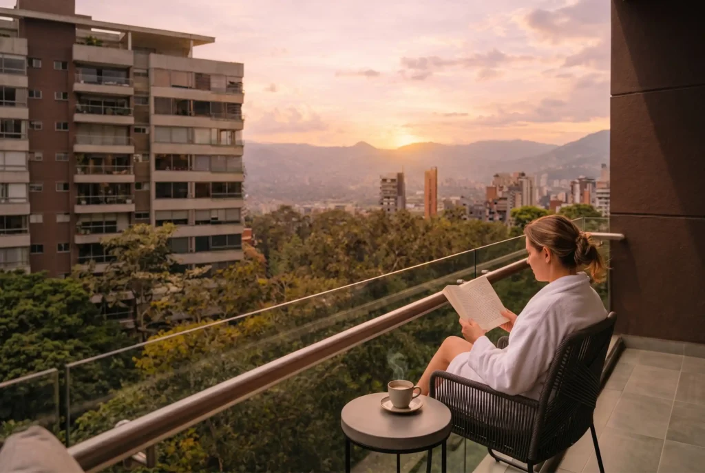Escapada de bienestar en hotel con spa en Medellín: suite con balcón, vista a las montañas y ambiente relajante.