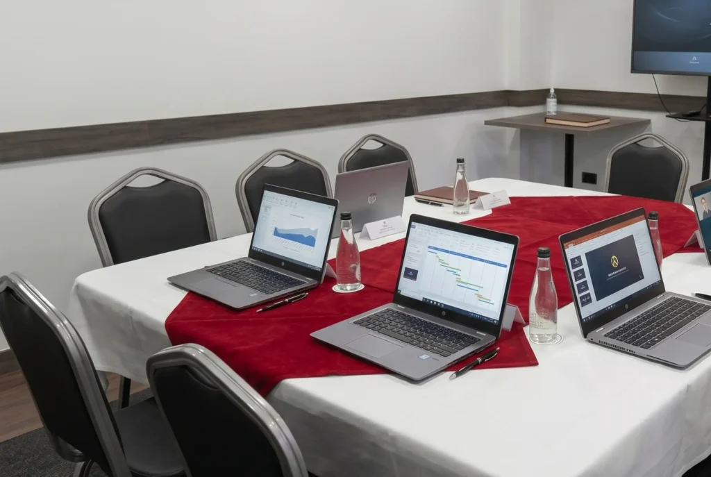 Mesa de juntas equipada para seminarios y reuniones ejecutivas en Café Hotel.