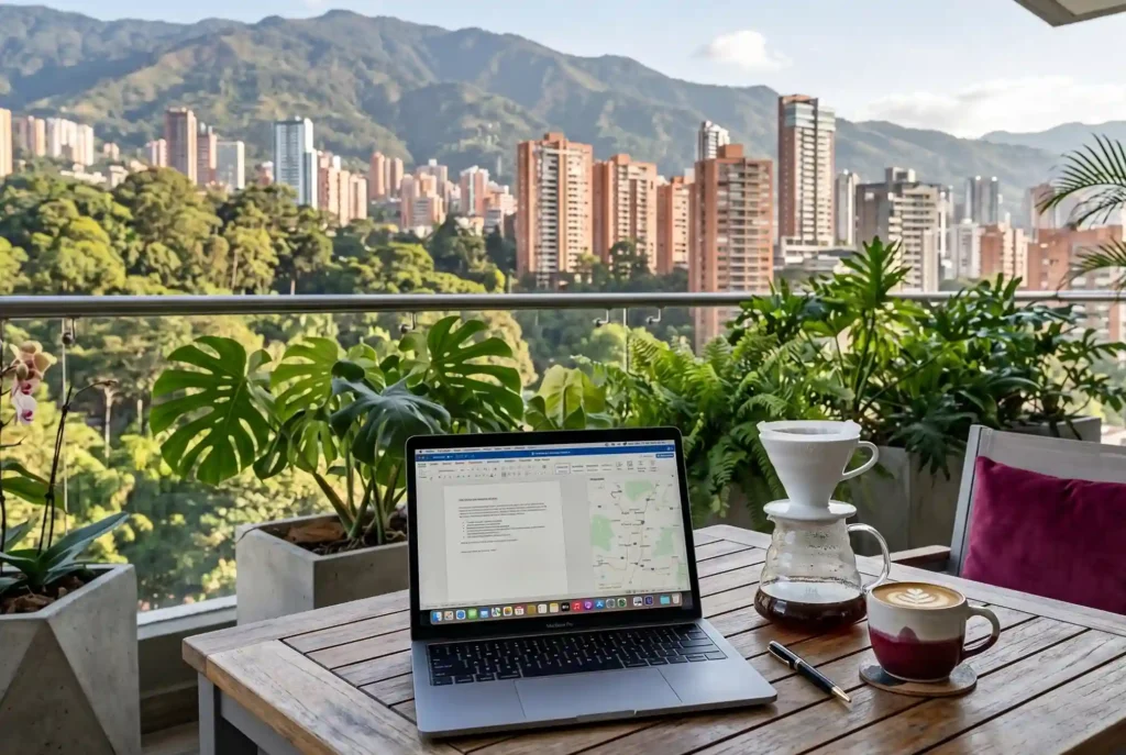 Laptop y cafe en terraza con vista a El Poblado desde Cafe Hotel Medellin
