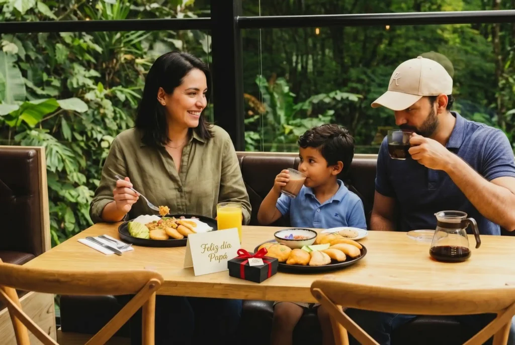 Familia celebrando el Día del Padre en el restaurante de Café Hotel Medellín con desayuno colombiano y café
