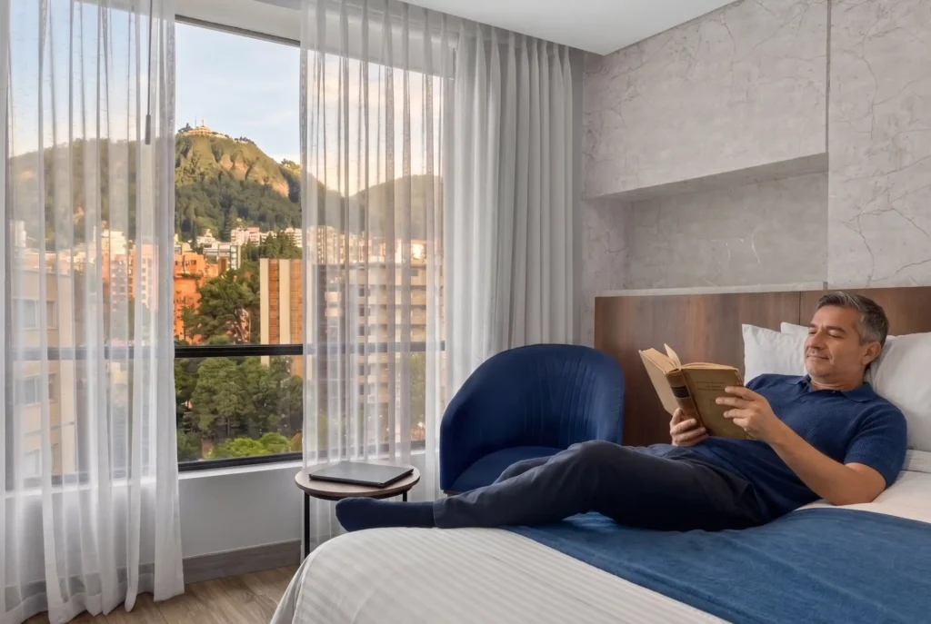 Hombre leyendo en habitación de Café Hotel Medellín con vista al Cerro El Volador y El Poblado