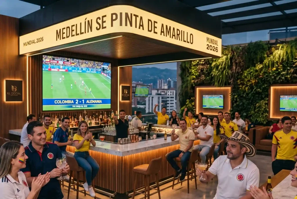 Colombian fans watching the 2026 World Cup at the rooftop bar of Café Hotel Medellín, overlooking the city