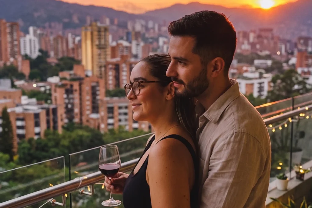 Pareja con copa de vino en terraza al atardecer con vista a Medellín