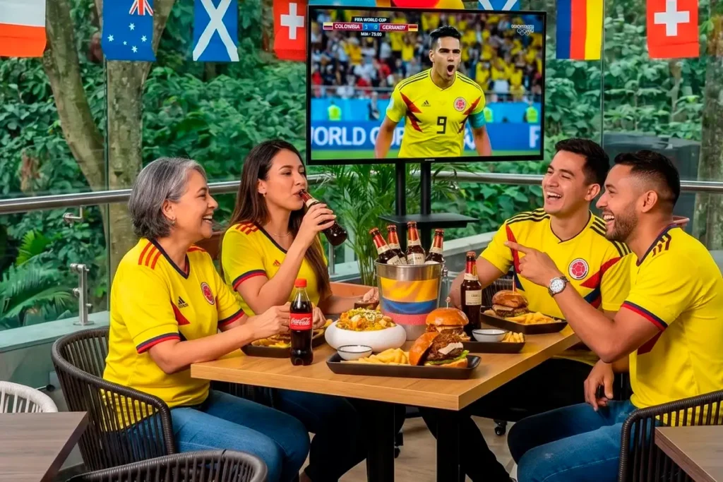 Grupo con camisetas de Colombia ve el Mundial en pantalla con comida y cervezas.