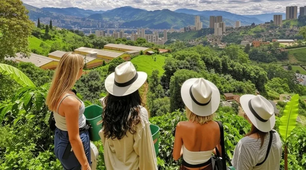 Turistas con sombreros observan la vista panorámica de Medellín desde una colina